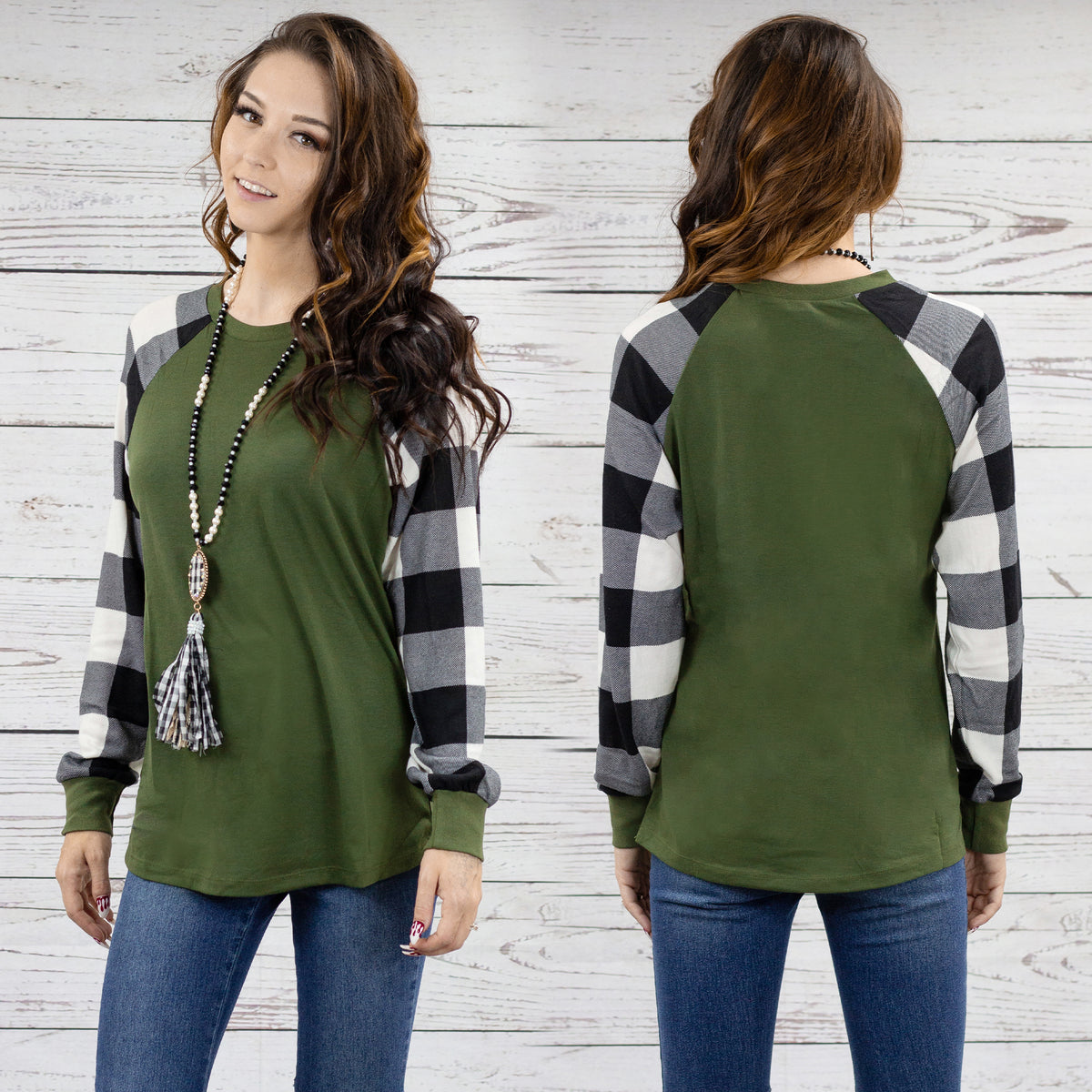 10482 - Plaid Long Sleeve Top - Olive