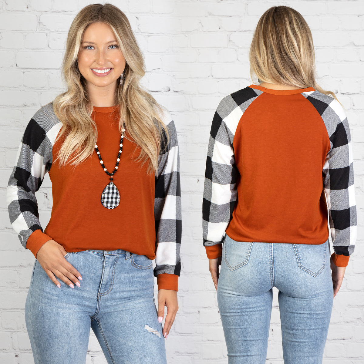 10482 - Plaid Long Sleeve Top - Rust