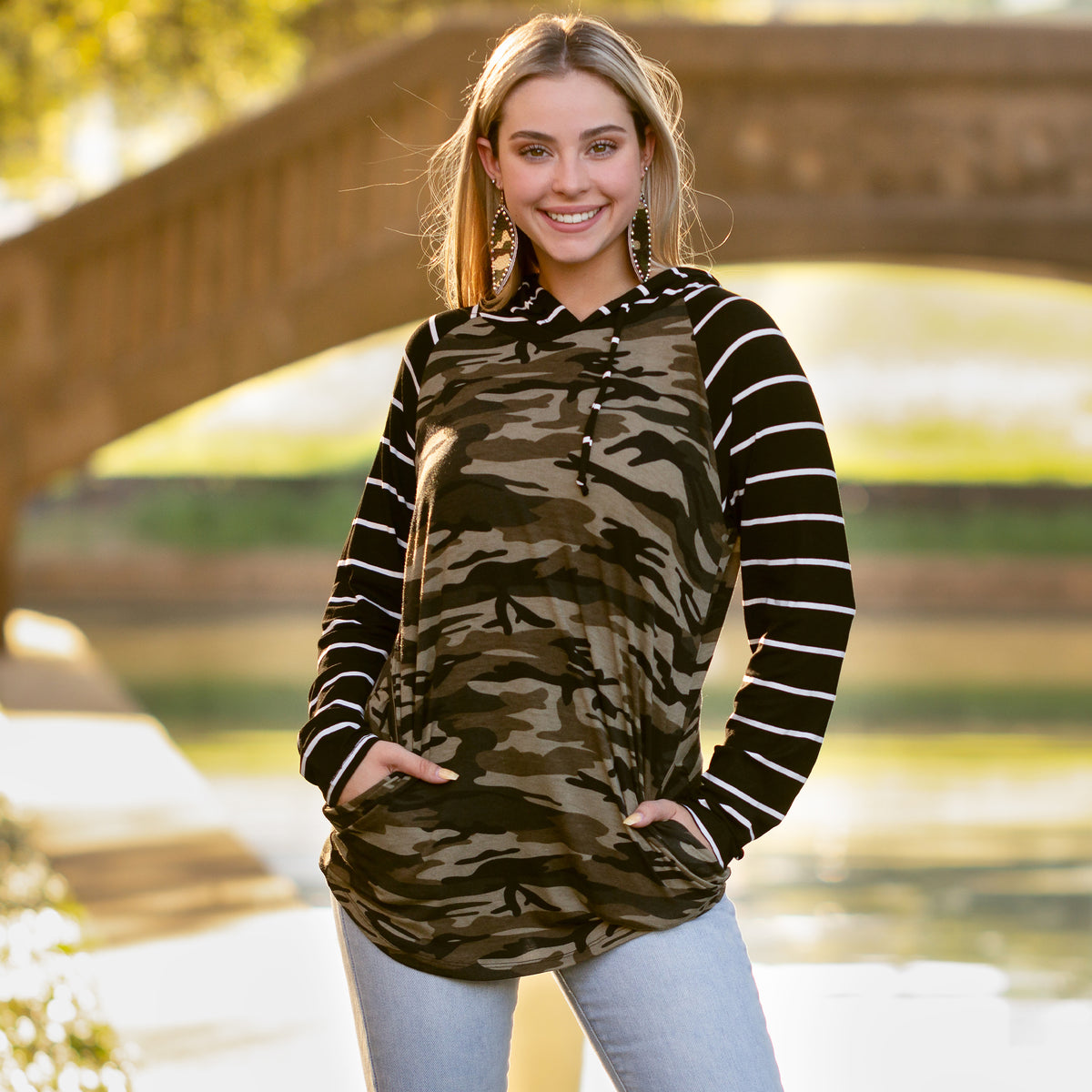 10493 - Camouflage Hoodie Top with Striped Sleeves