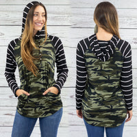 Load image into Gallery viewer, 10493 - Camouflage Hoodie Top with Striped Sleeves
