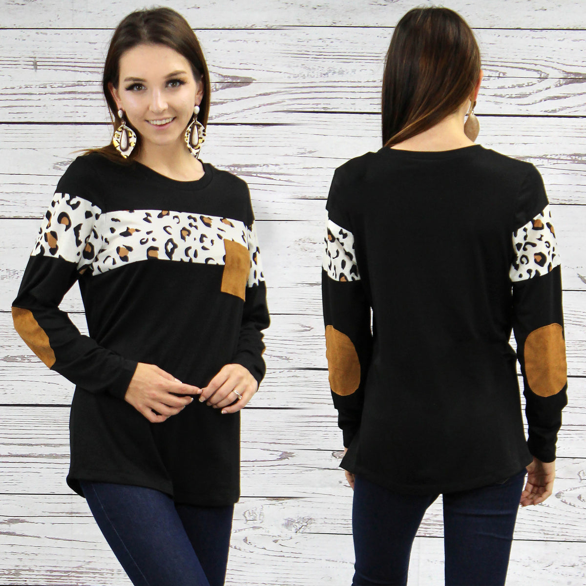 10495 - White Leopard Long Sleeve Top with Elbow Patches