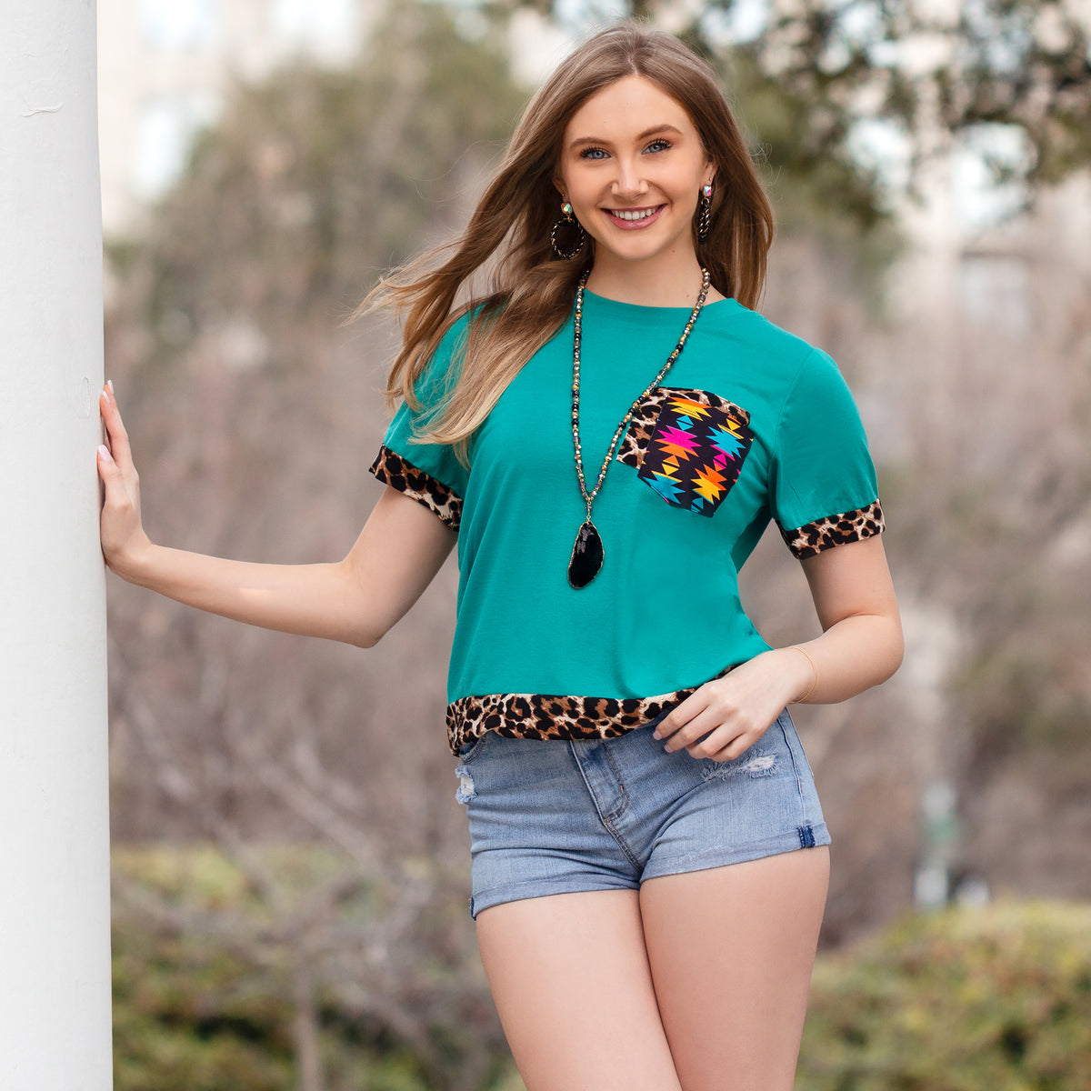 10507 - Aztec and Leopard Print Top - Turquoise