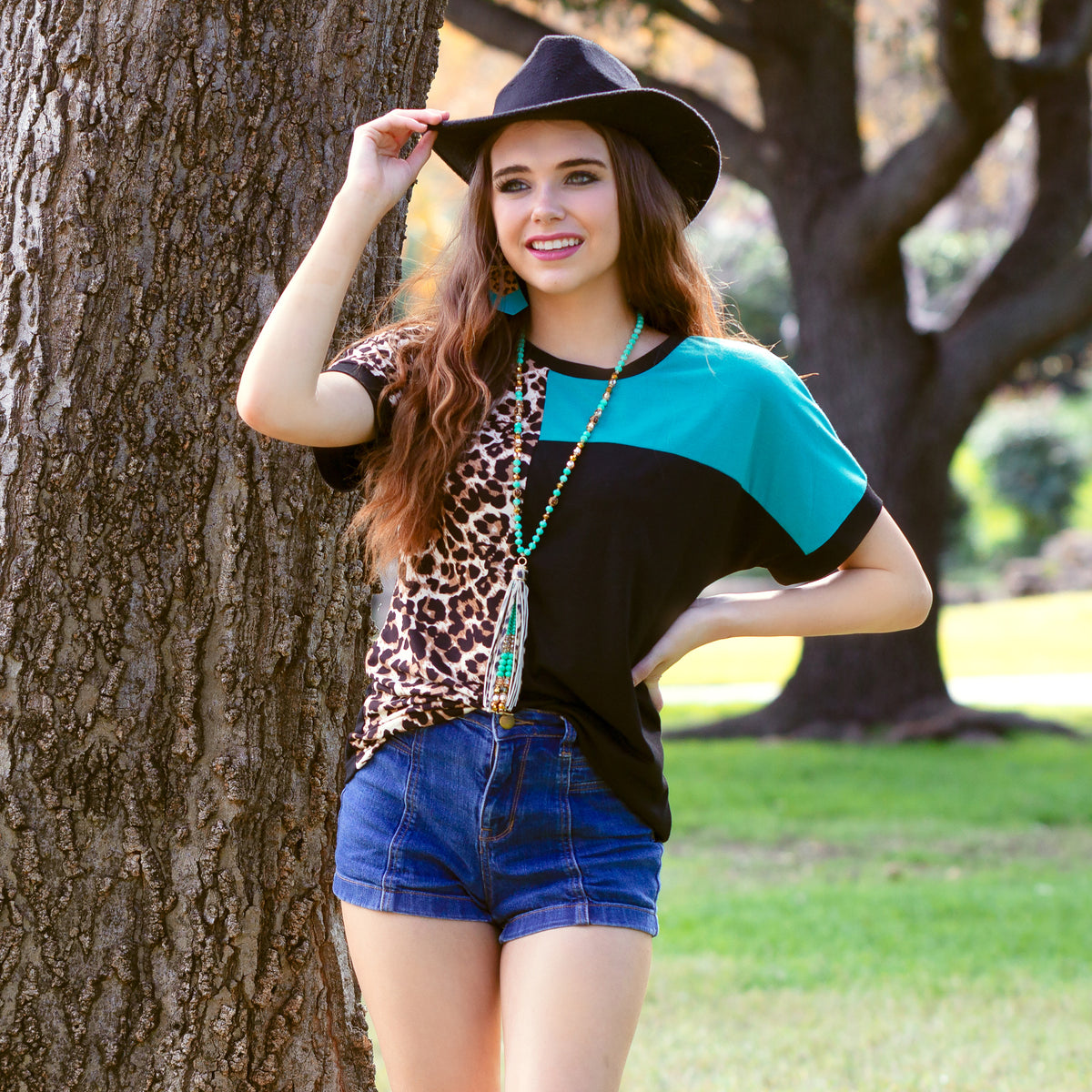 10565 - Leopard Color Block Half Sleeve Top - Turquoise