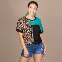 Load image into Gallery viewer, 10565 - Leopard Color Block Half Sleeve Top - Turquoise
