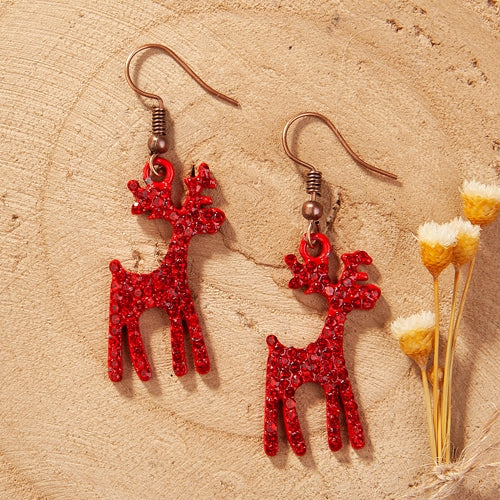 73557 - Reindeer Crystal Earrings - Red - Fashion Jewelry Wholesale