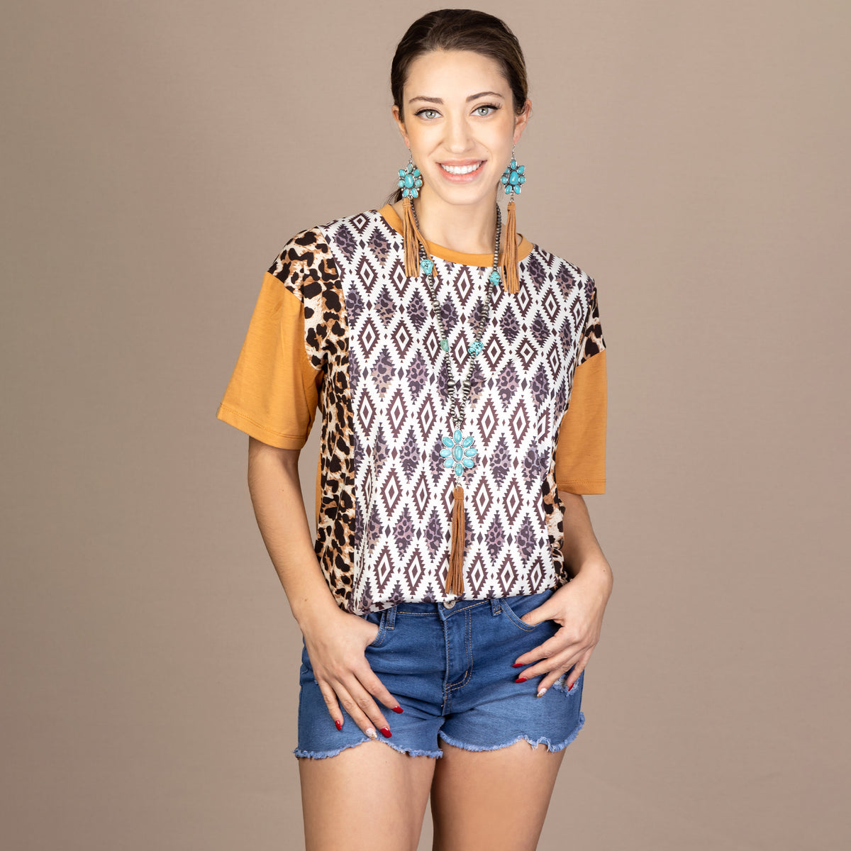 10580 - Half Sleeve Aztec and Leopard Print Top