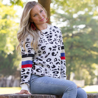 Load image into Gallery viewer, 10610 - White Leopard Sweater with Striped Sleeves
