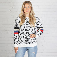 Load image into Gallery viewer, 10610 - White Leopard Sweater with Striped Sleeves
