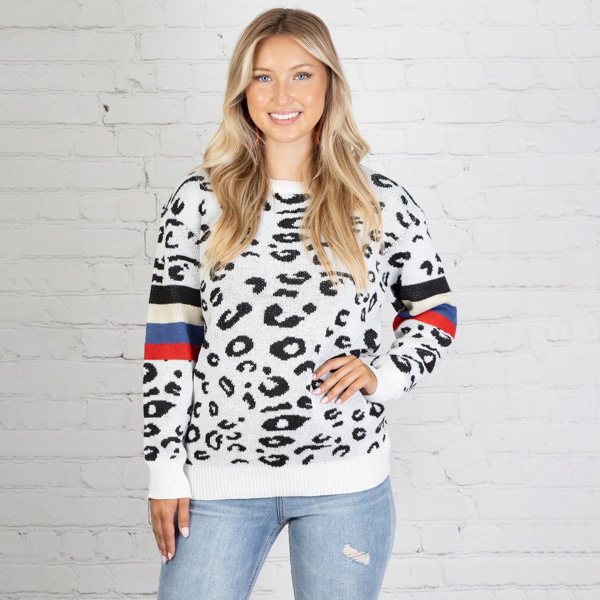 10610 - White Leopard Sweater with Striped Sleeves