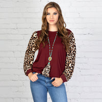 Load image into Gallery viewer, 10620 - Leopard Long Sleeve Puffed Top - Maroon
