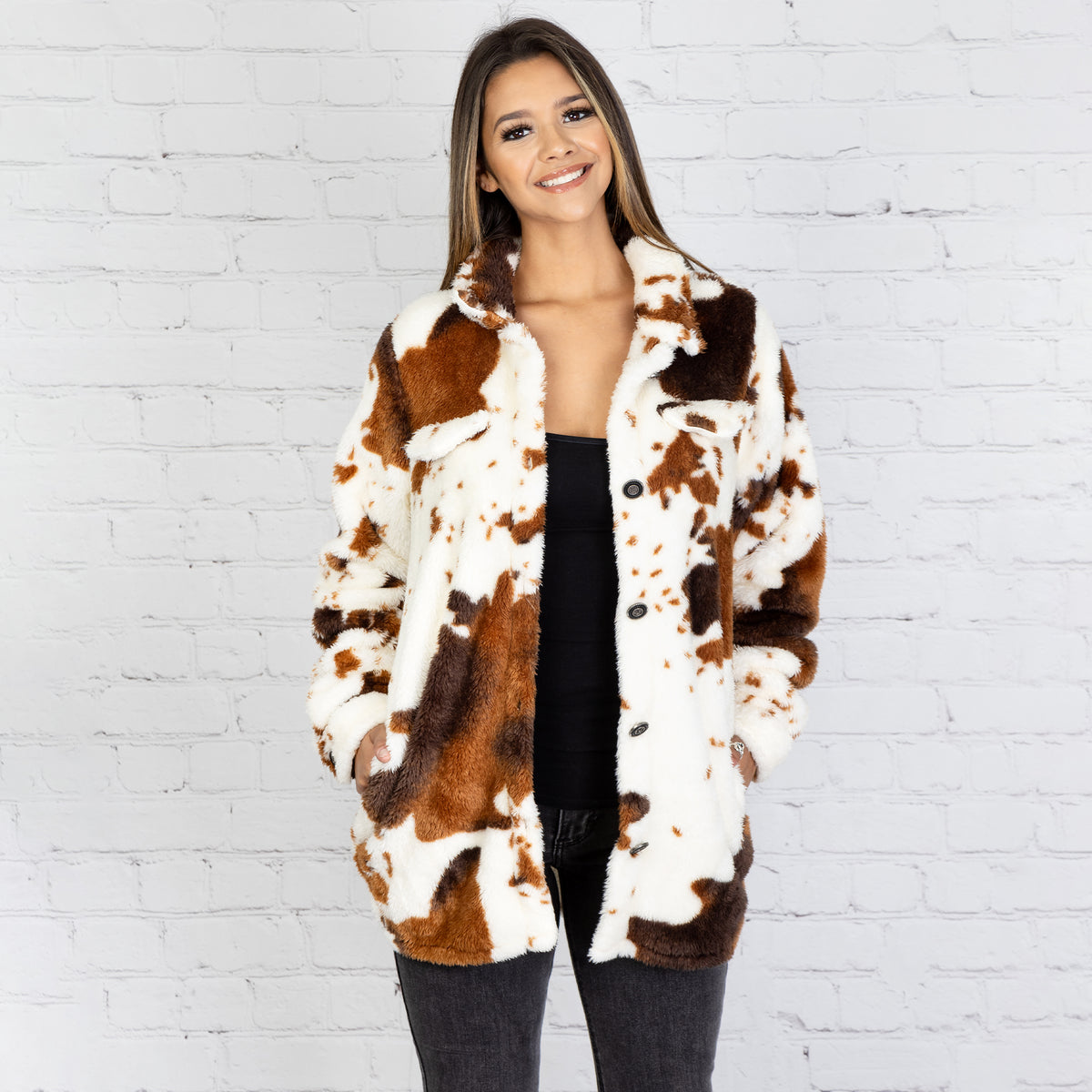 10633 - Cow Print Sherpa Shacket with Pockets