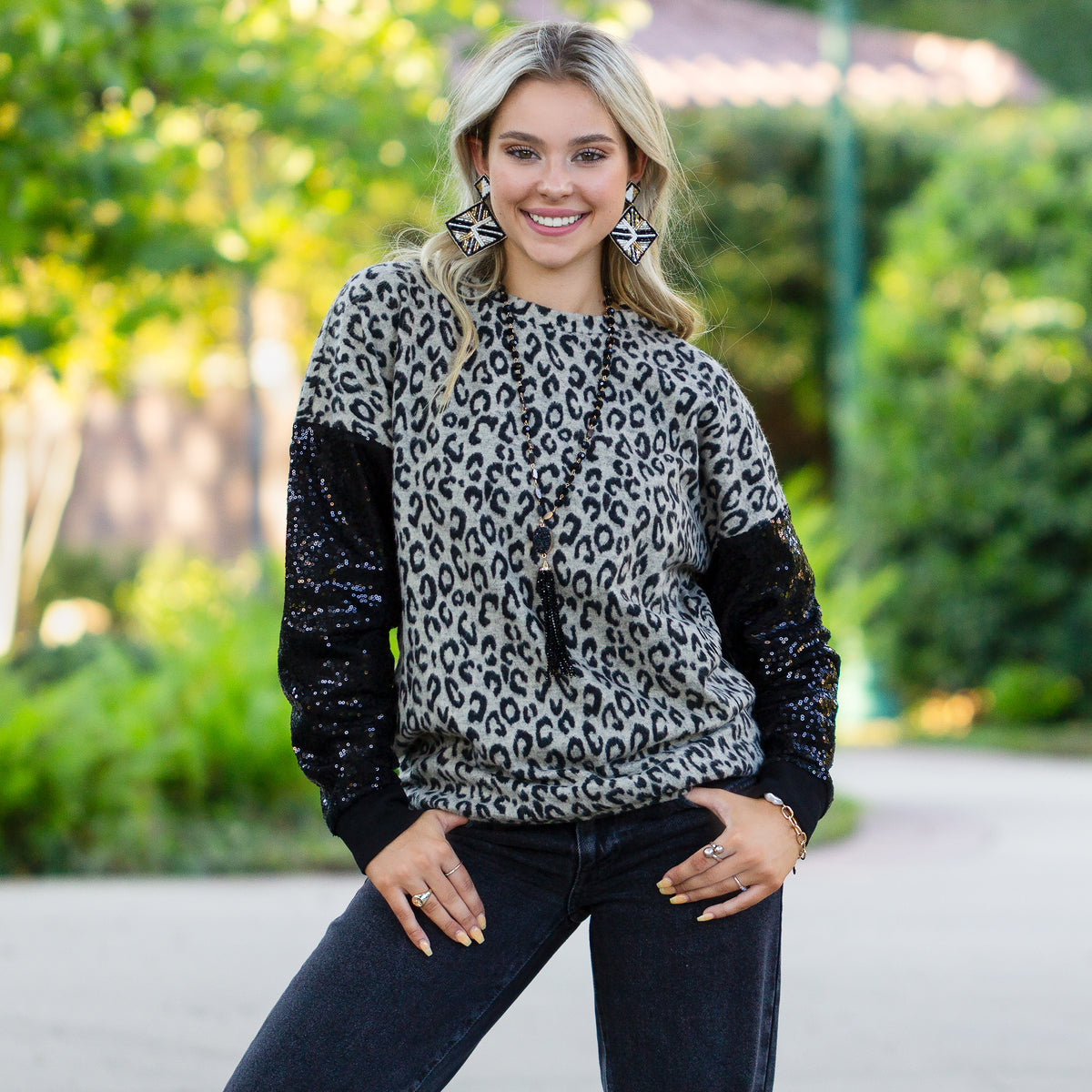 10663 - Leopard Sweater with Black Sequin Sleeves