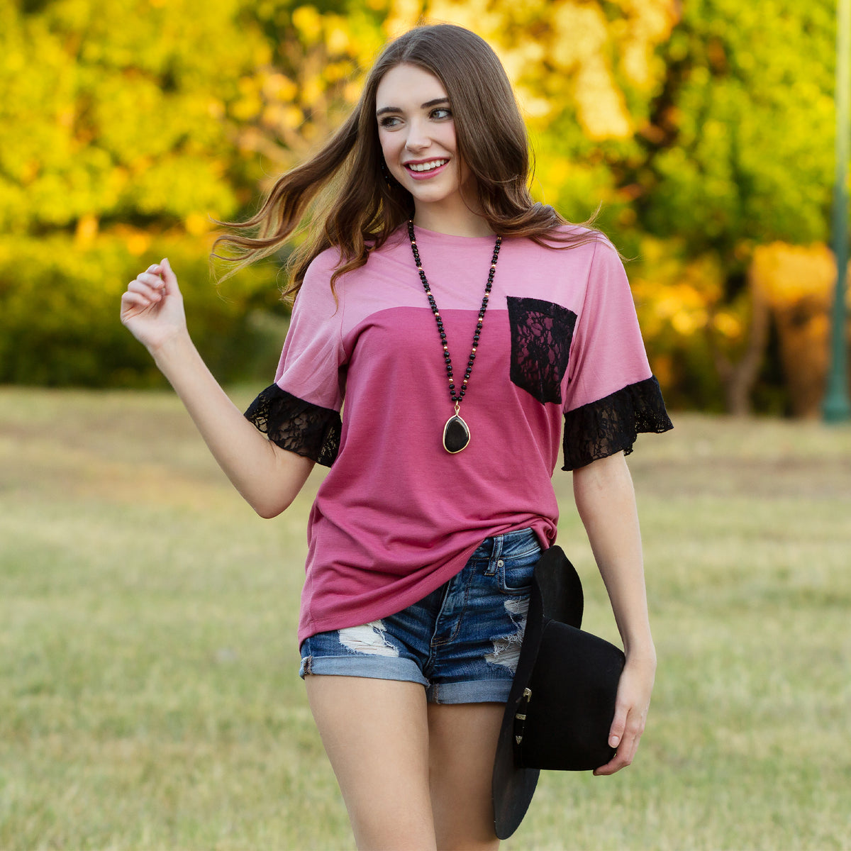 10706 - Color Block top with Lace Accents