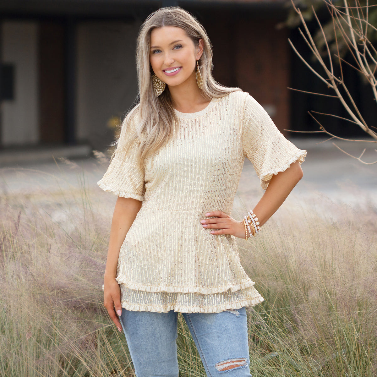 10713 - Sequin Top with Flared Bottom