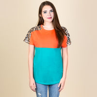 Load image into Gallery viewer, 10739 - Half Sleeve Color Block Top with Leopard Sequin
