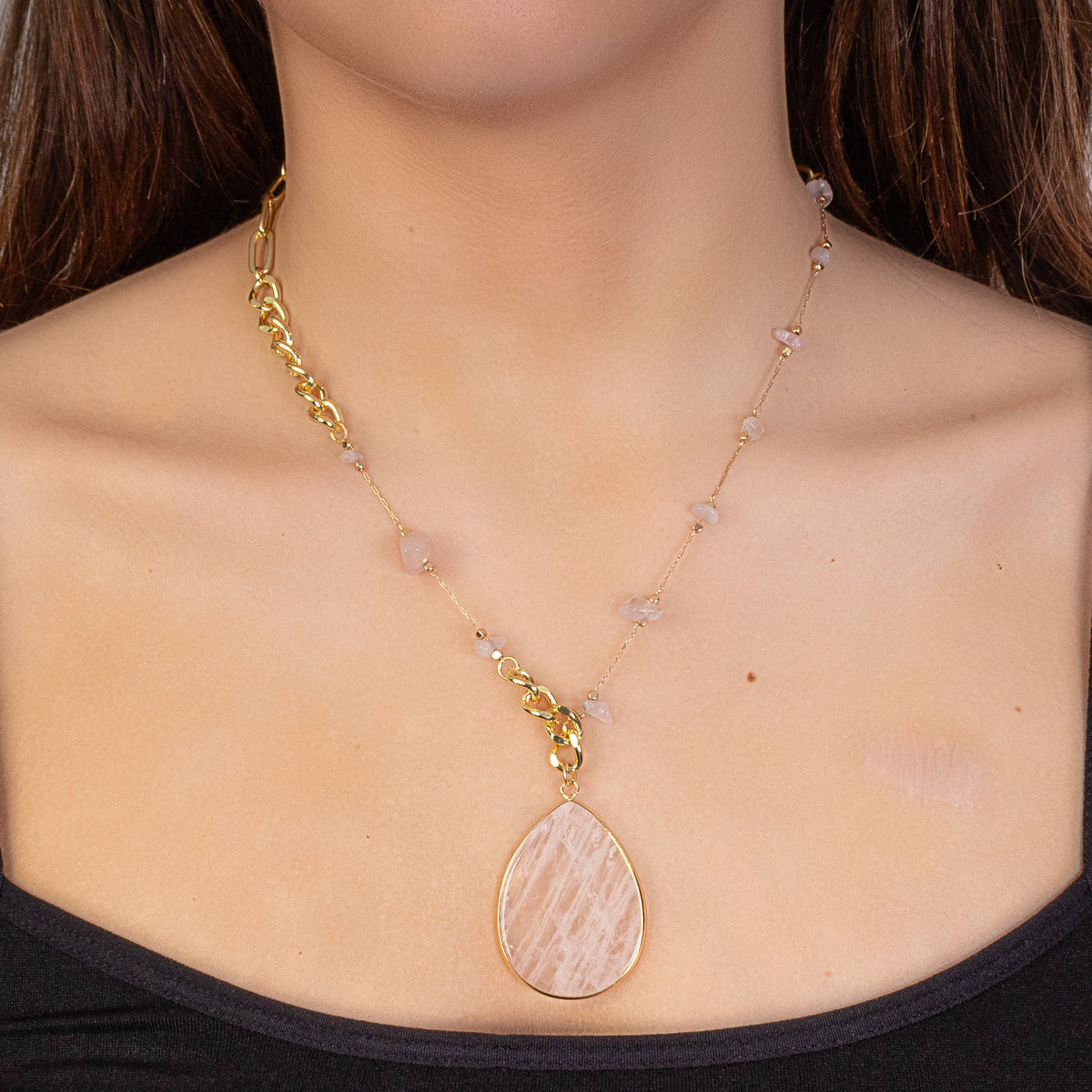 1131 - Natural Stone Teardrop Necklace - Rose Quartz