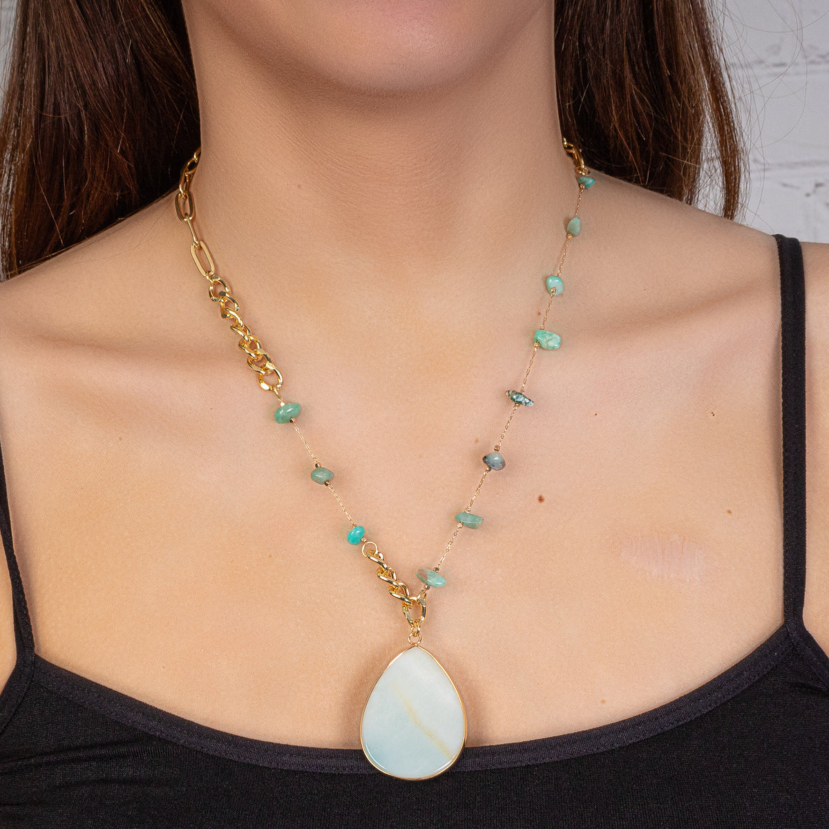 1131 - Natural Stone Teardrop Necklace - Turquoise