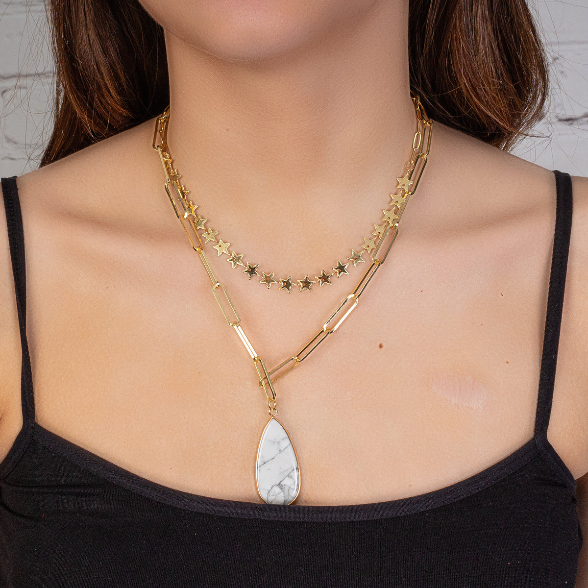 1136 - Natural Stone Pendant Necklace - Gold