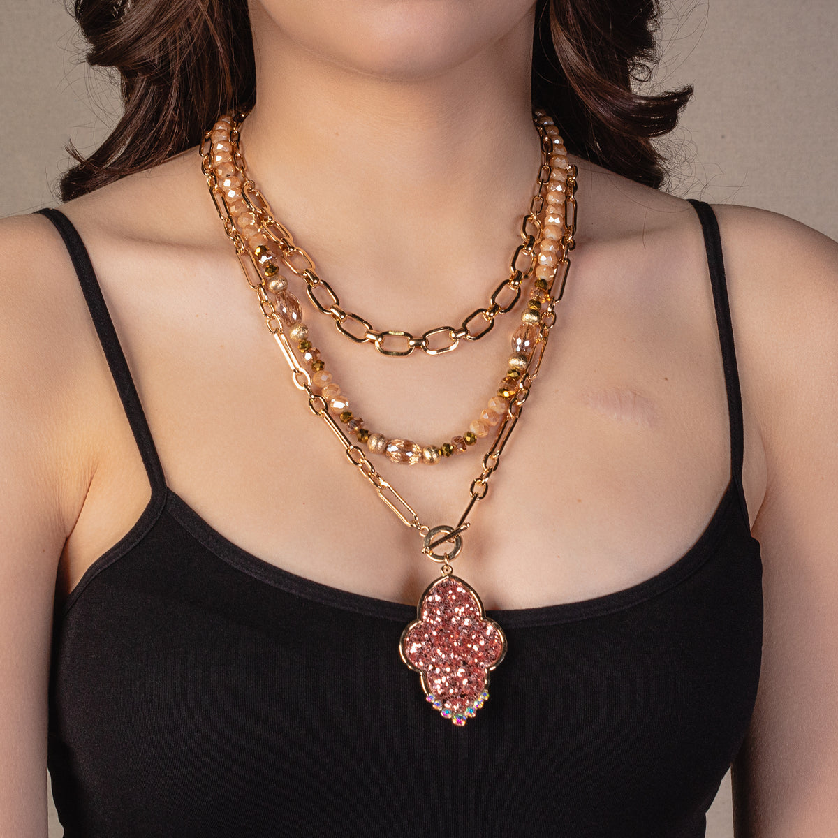 1140 - Layered Chain Glitter Pendant Necklace - Rose Gold