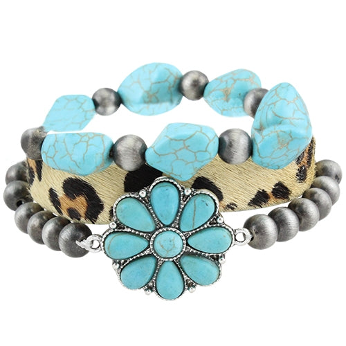 74646 - Turquoise And Leopard Stack Bracelet - Fashion Jewelry Wholesale