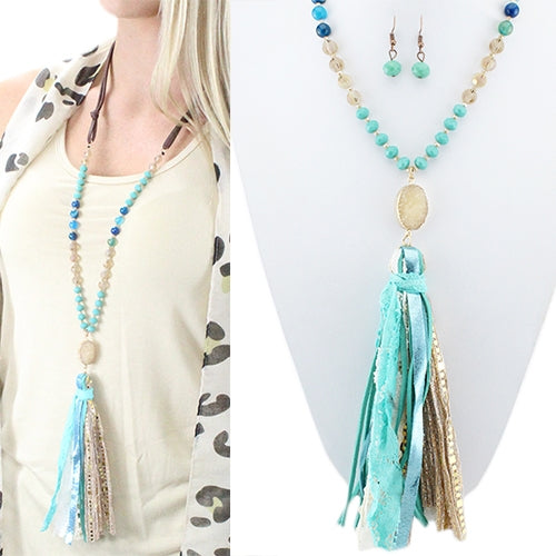 72385 - Fabric Tassel Necklace - Turquoise