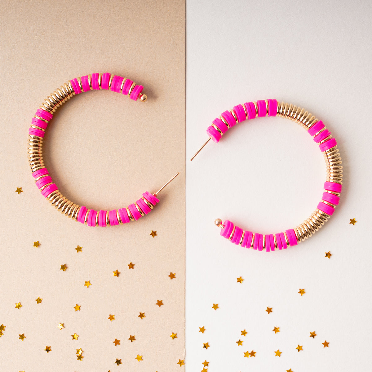 1301 - Beaded Hoop Earrings - Hot Pink