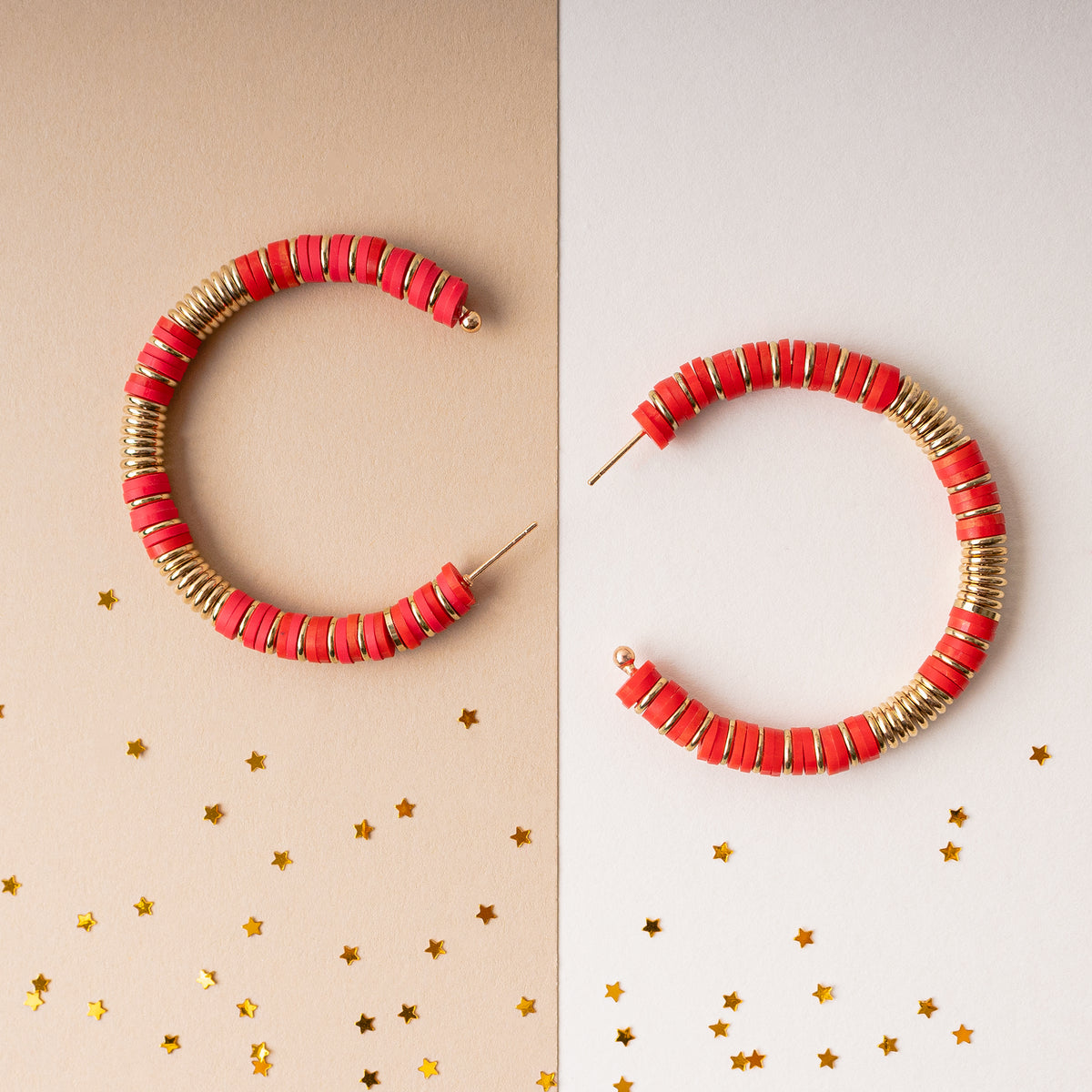 1301 - Beaded Hoop Earrings - Red - Fashion Jewelry Wholesale
