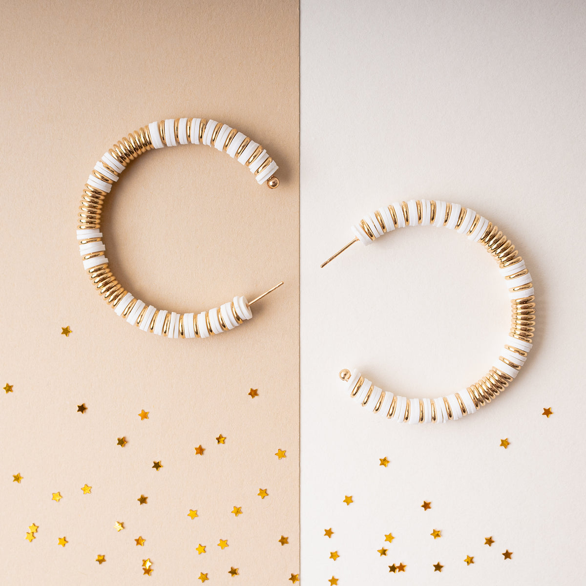 1301 - Beaded Hoop Earrings - White