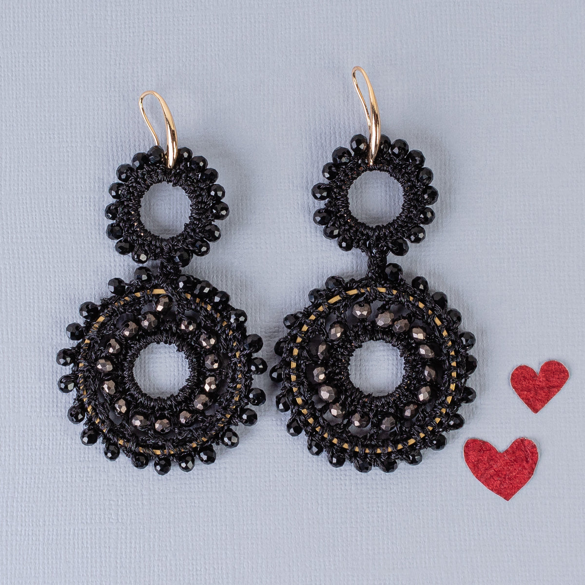 1307 - Beaded Hoop Earrings - Black