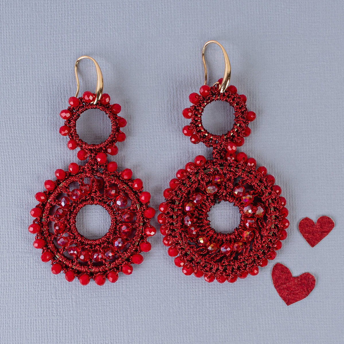 1307 - Beaded Hoop Earrings - Red