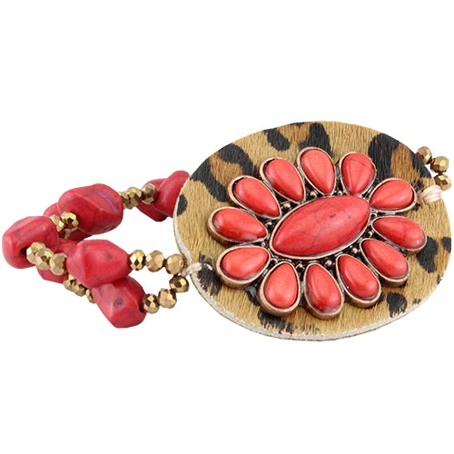 74648 - Western Pendent With Leopard Hide Bracelets - Red