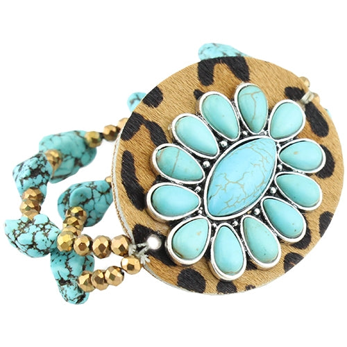 74648-A-1 - Western Pendent With Leopard Hide Bracelets - Turquoise