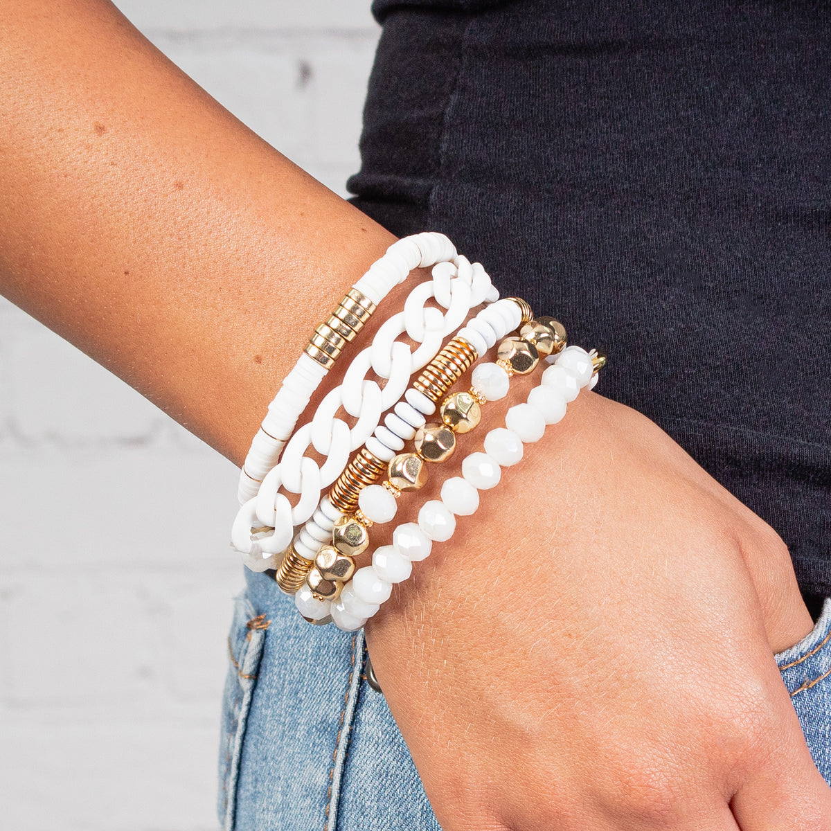 1401 - Stacked Crystal Bracelets - White