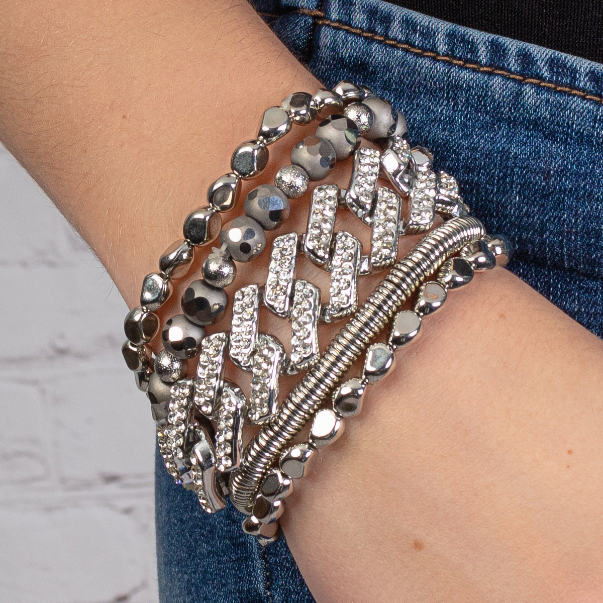 1402 - Crystal Beaded Stacked Bracelets - Silver - Fashion Jewelry Wholesale