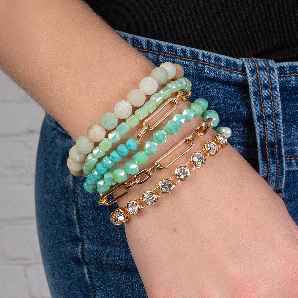 1406 - Crystal Beaded Stacked Bracelets - Turquoise