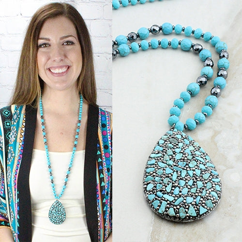 72567 - Multi Colored  Natural Stone Necklace - Turquoise