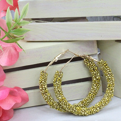 3019 - Beaded Hoop Earrings - Mustard