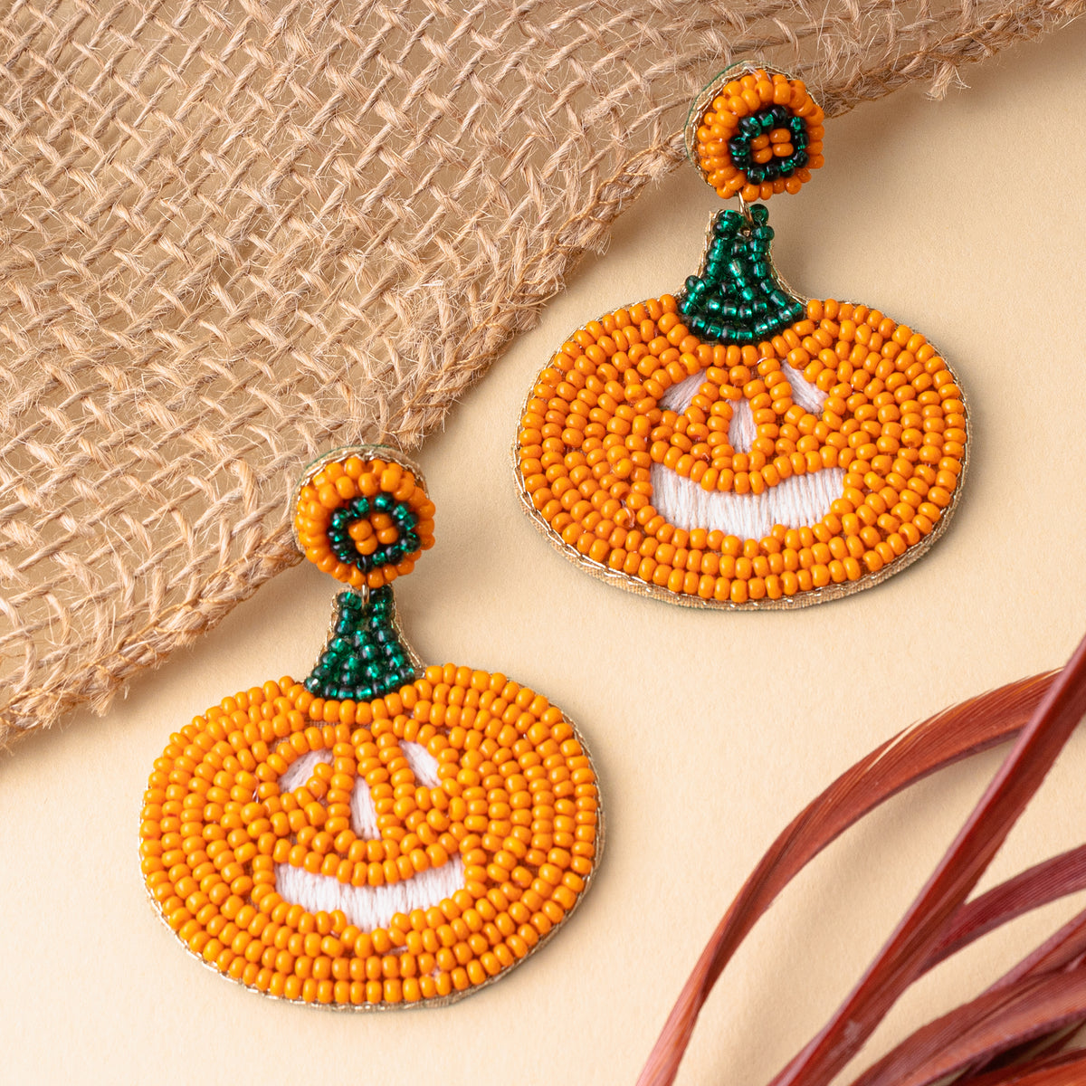 1516 - Beaded Pumpkin Earrings - Orange