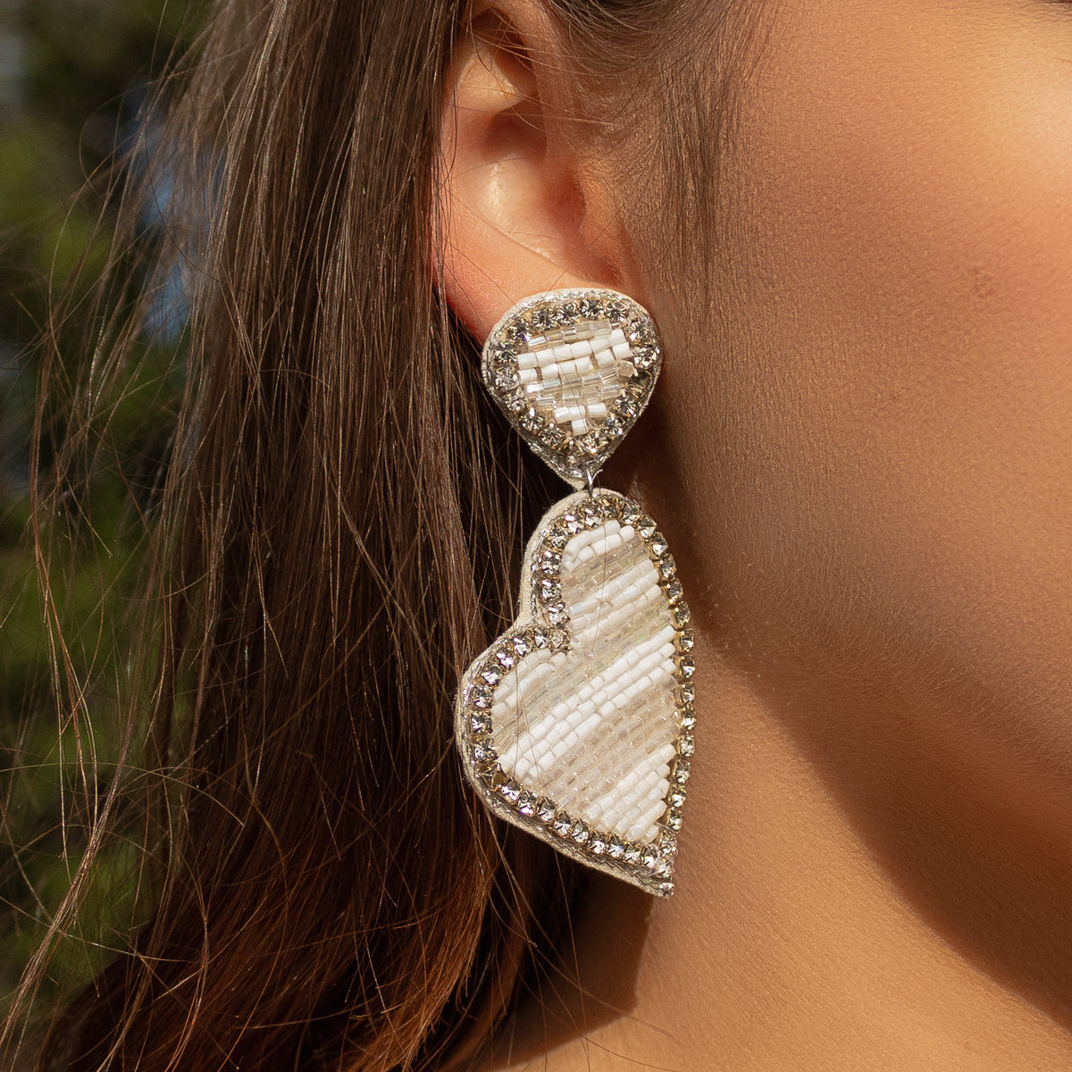 1532 - Beaded Heart Earrings - White