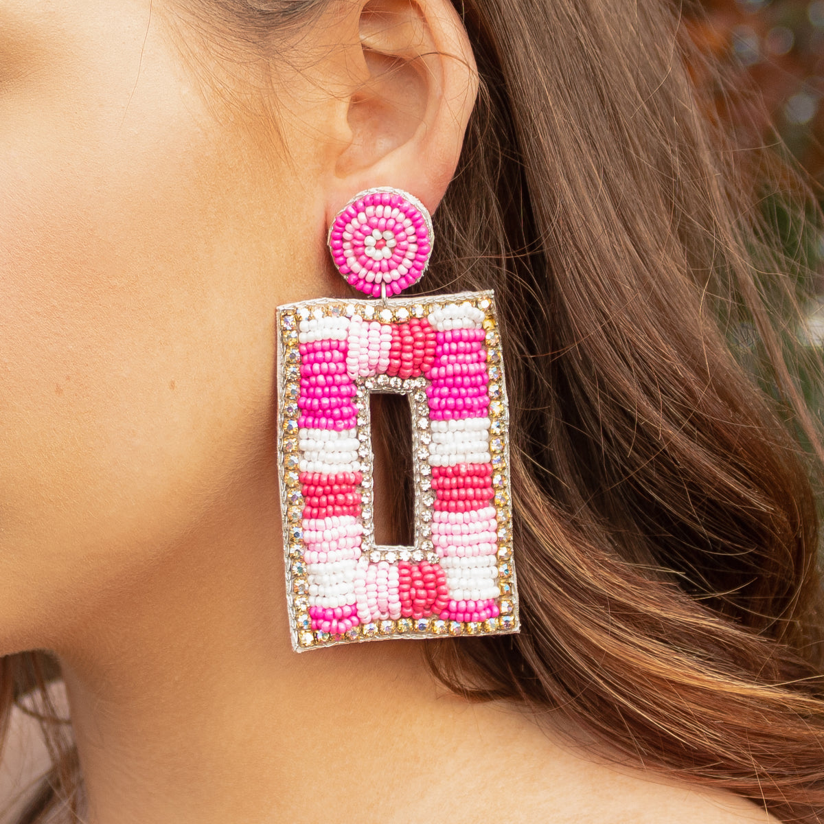 1533 - Beaded Rectangle Earrings - Pink