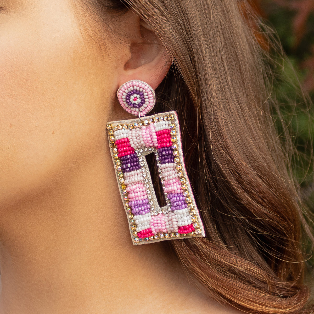 1533 - Beaded Rectangle Earrings - Purple - Fashion Jewelry Wholesale