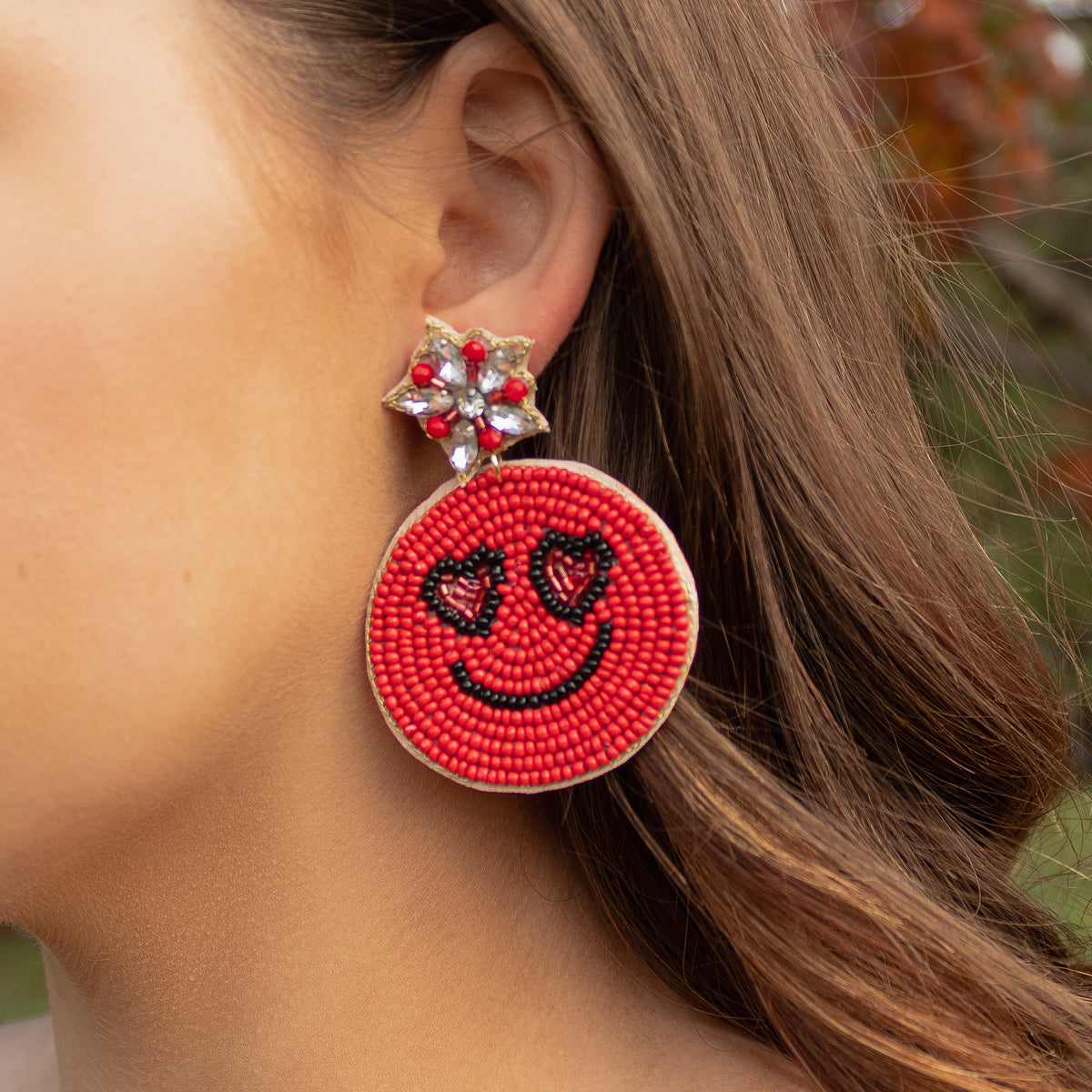 1534 - Beaded Smiley Face Earrings - Red