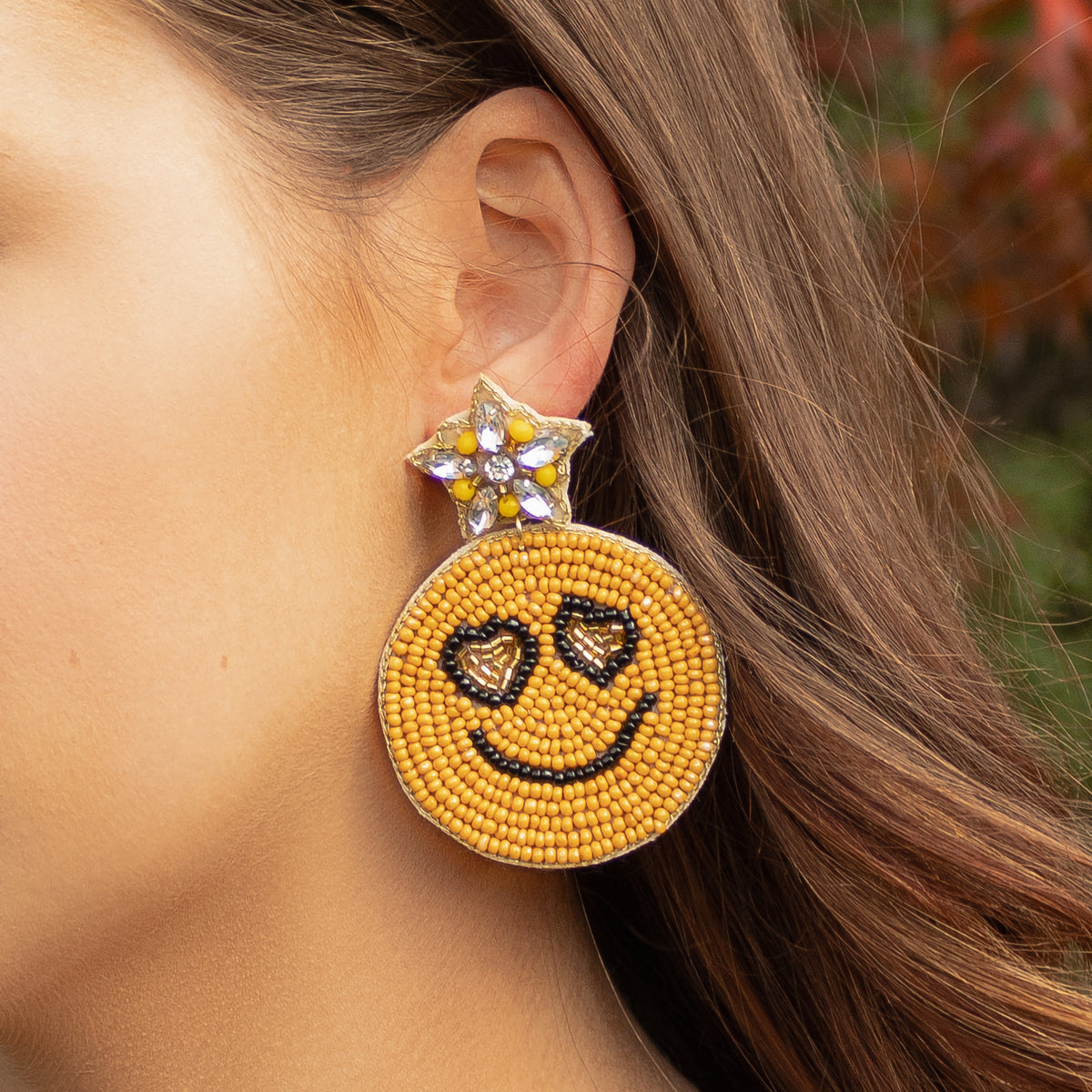 1534 - Beaded Smiley Face Earrings - Yellow