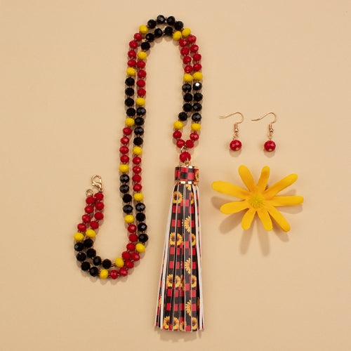 72637 - Black/Yellow/Red Leather Flower Tassel Necklace - Fashion Jewelry Wholesale