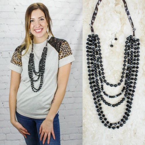 72628 - Beaded Layered Necklace with Suede Strap - Fashion Jewelry Wholesale