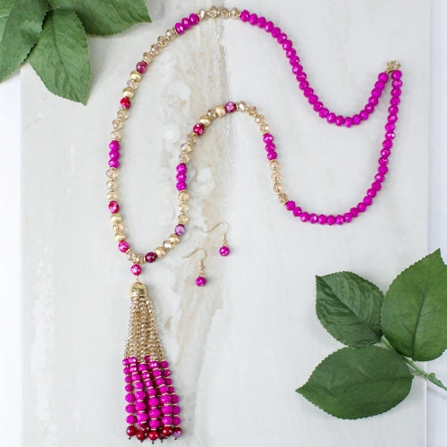 72656 - Crystal Tassel Necklace - Fuchsia