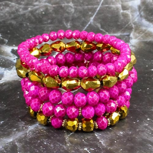 74691 - Crystal Beaded Stacked Bracelets - Fuchsia