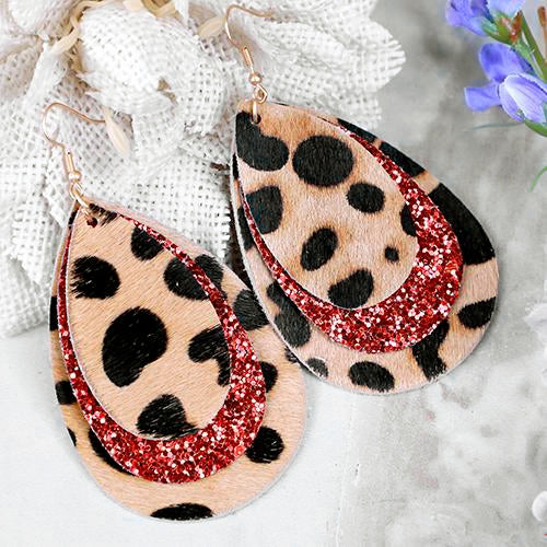 73978 - Layered Red Glitter Leopard Print Earrings - Red