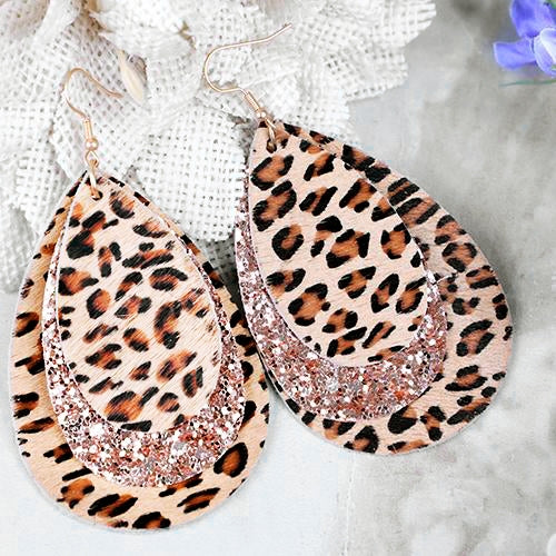 73978 - Layered Glitter Leopard Print Earrings - Leopard