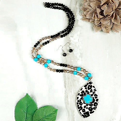 72682 - Squash Blossom Animal Hide Cross Necklace - Turquoise